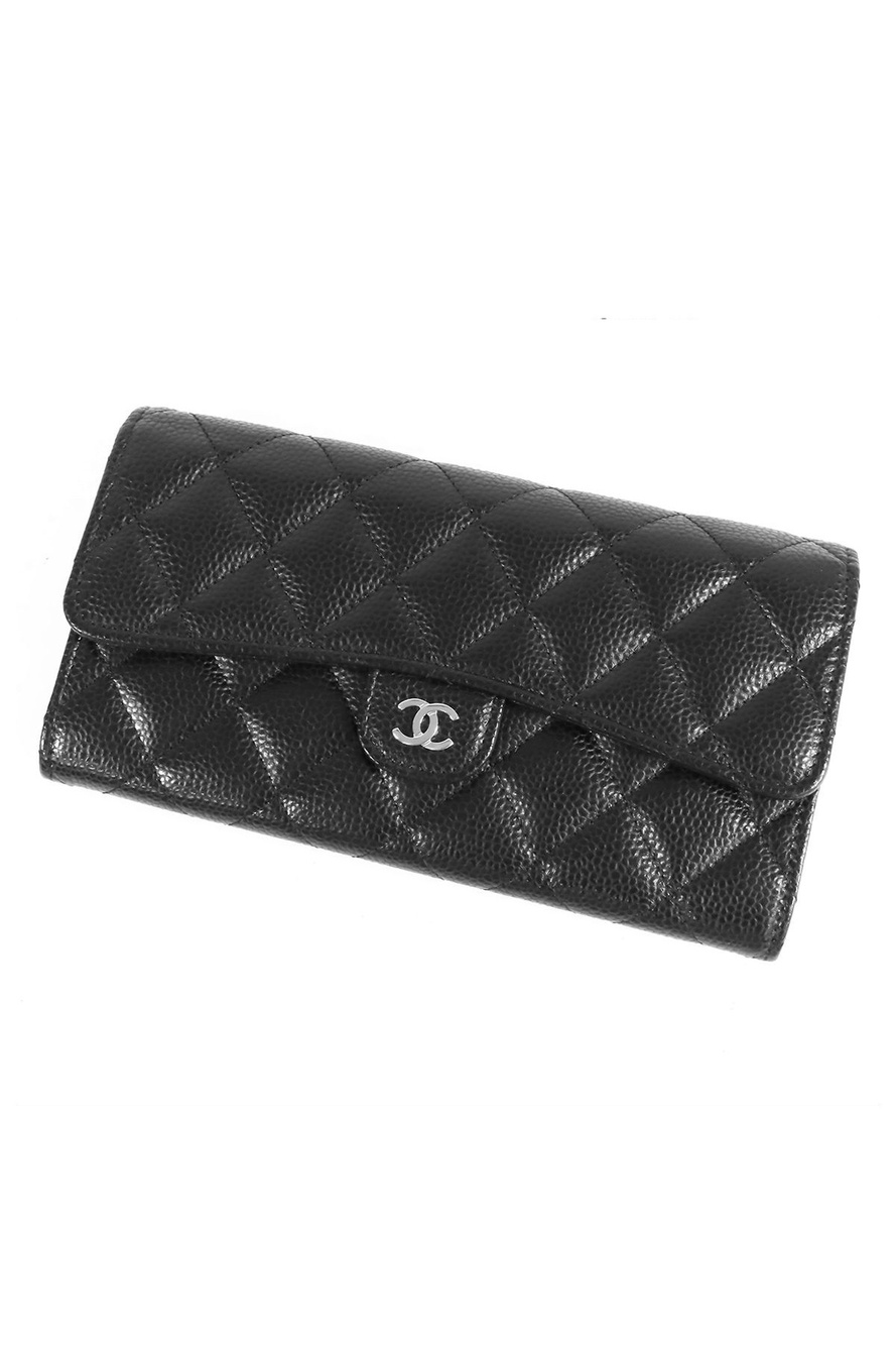 Chanel Classic Long Flap Wallet Black Silver Caviar Leather Quilted Stitch
